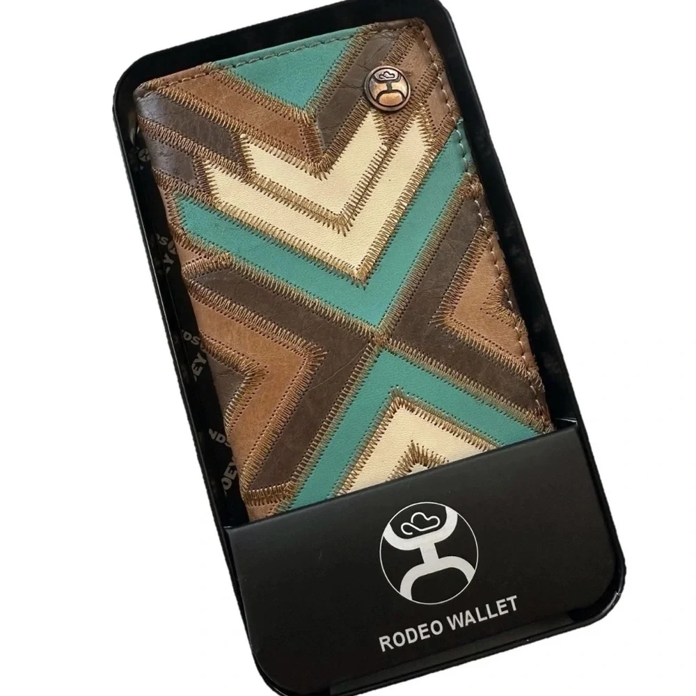 Hooey Montezuma Leather Patchwork Bifold Rodeo Wallet Western-Turquoise/Brown
